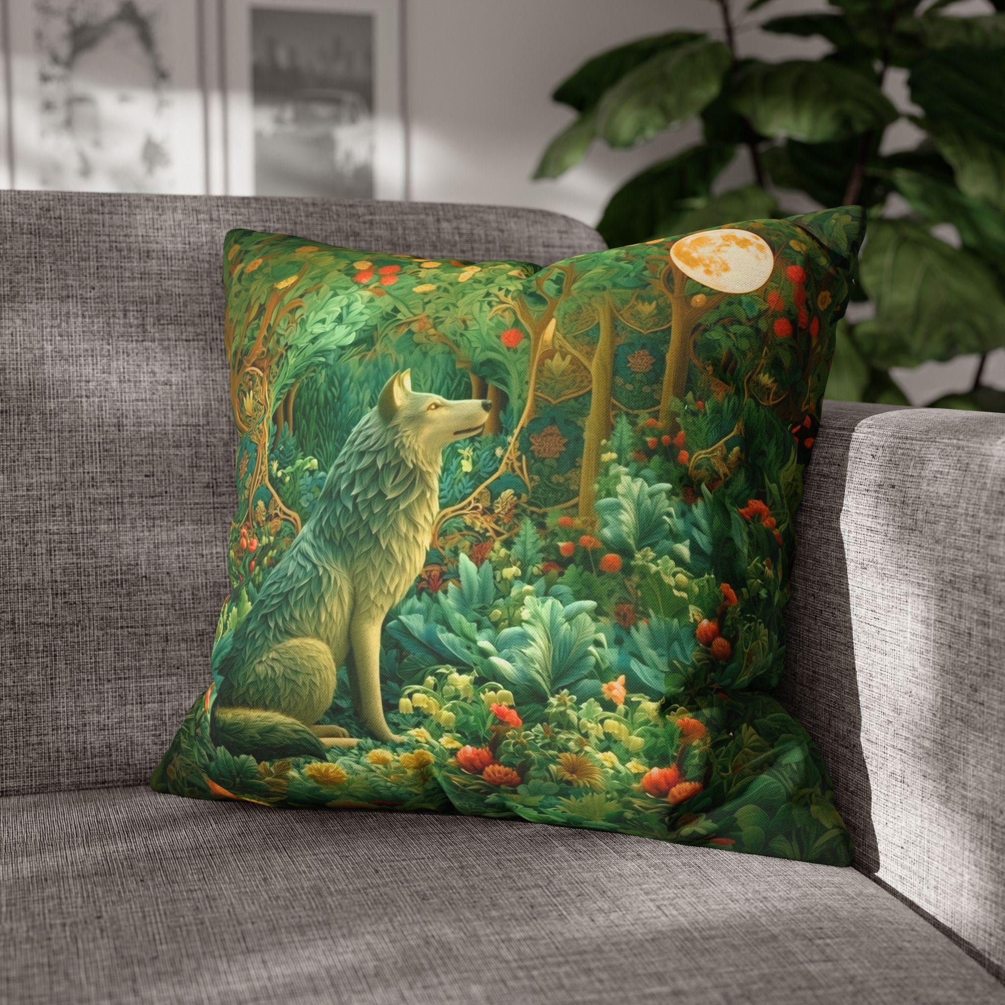 William Morris Inspired Pillow Cover: Full Moon Woodland Wolf Design