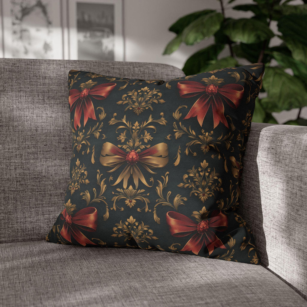 Baroque Christmas Pillow Cover: Green Charcoal Red Gold Bows