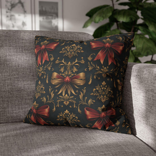 Baroque Christmas Pillow Cover: Green Charcoal Red Gold Bows