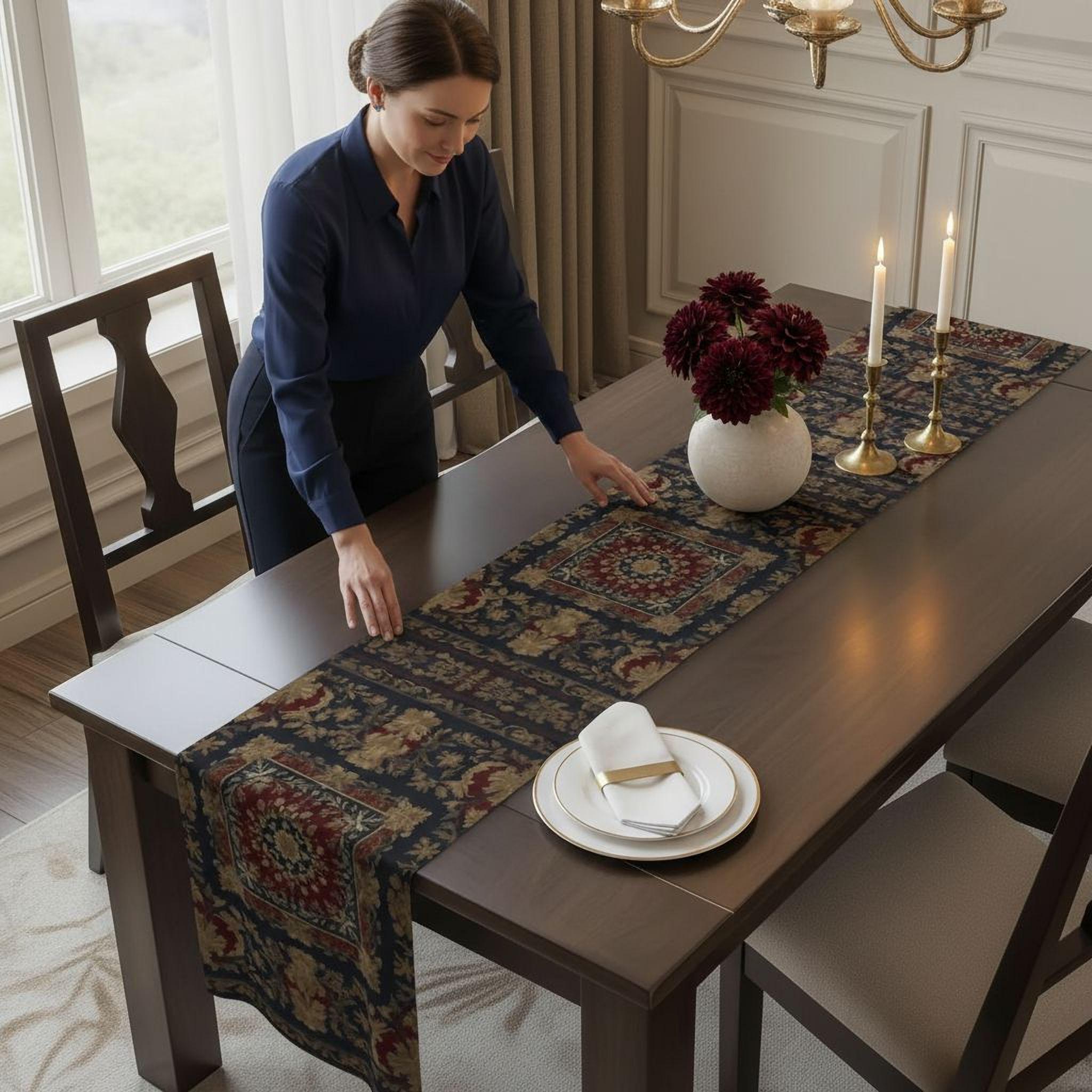 Elegant Vintage-Inspired Table Runner: Gold, Burgundy & Navy Luxury Design Antique-Style Home Decor