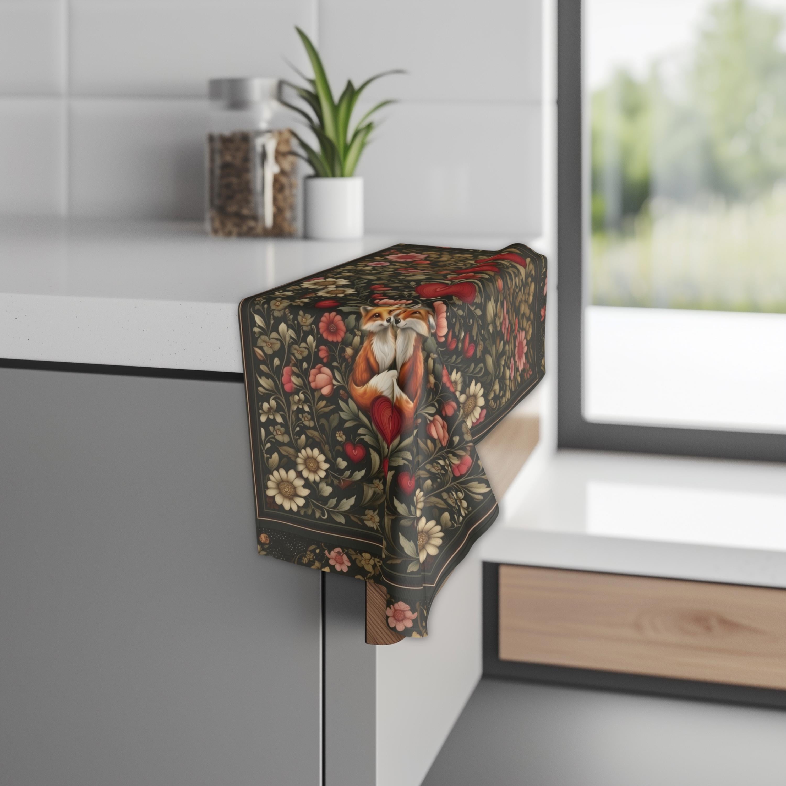 William Morris Inspired Fox Love Hand Towel: Romantic Woodland Kitchen or Bath Decor