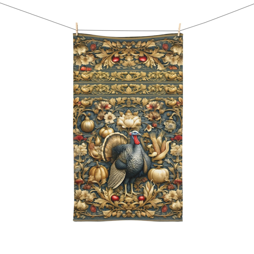 William Morris Autumn Hand Towel: Botanical Thanksgiving Turkey Decor, Grey-Blue and Gold