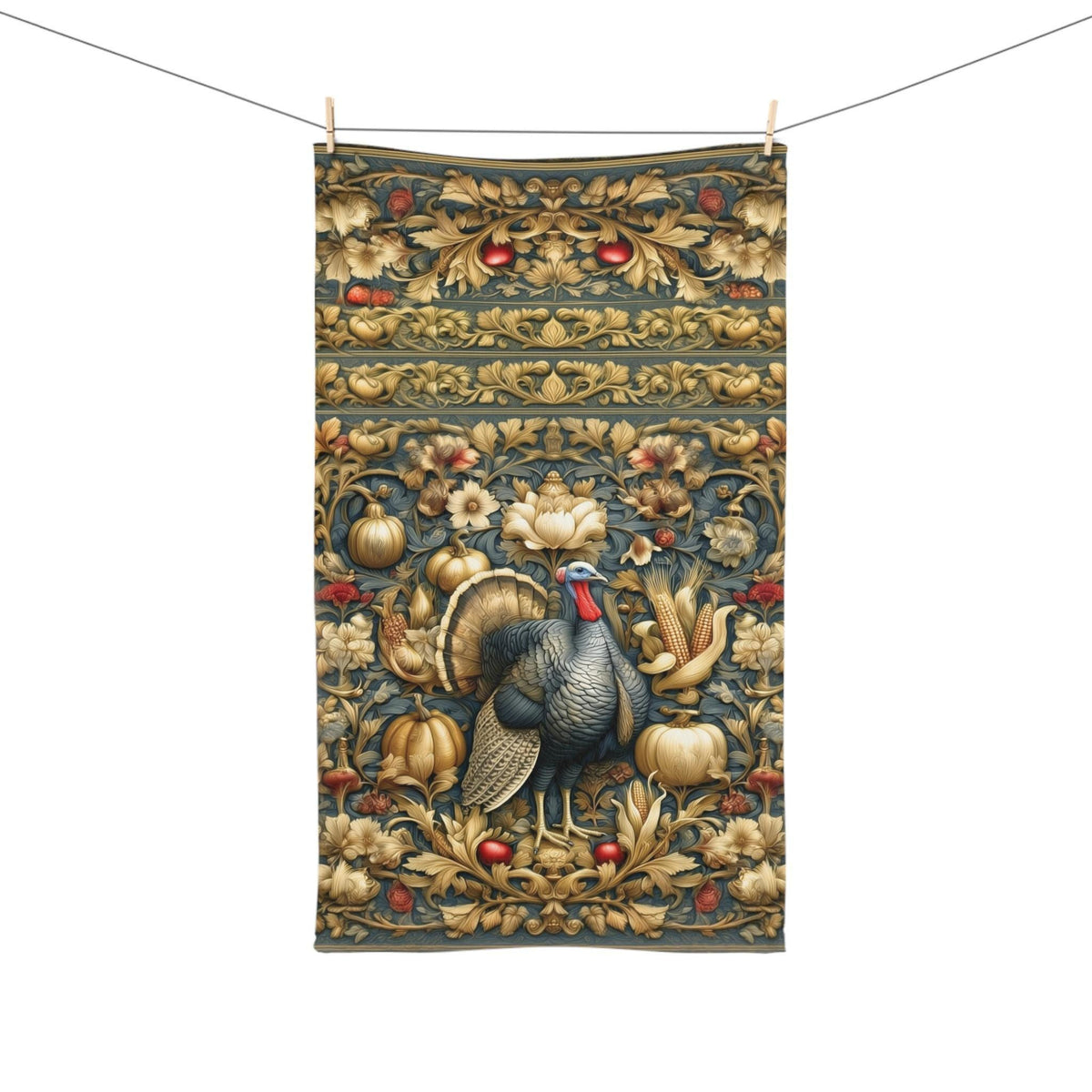 William Morris Autumn Hand Towel: Botanical Thanksgiving Turkey Decor, Grey-Blue and Gold
