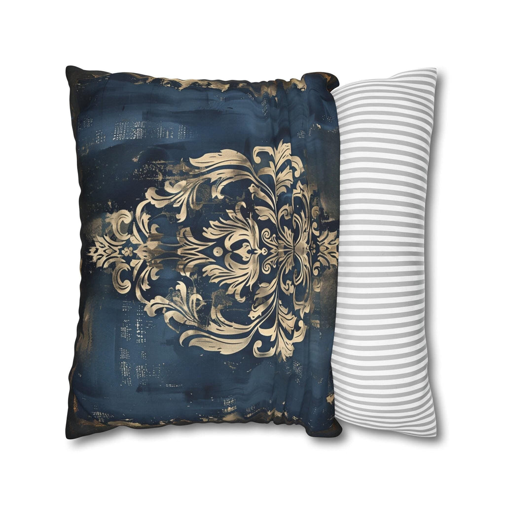 Navy Blue Damask Throw Pillow Cover: Vintage Style Gold Accent