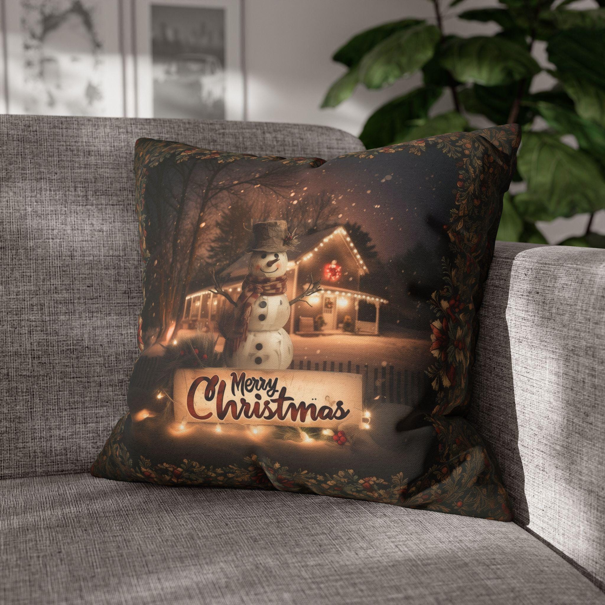 Country Farmhouse Christmas Snowman Pillow Cover with Intricate Botanicals and Vines Border