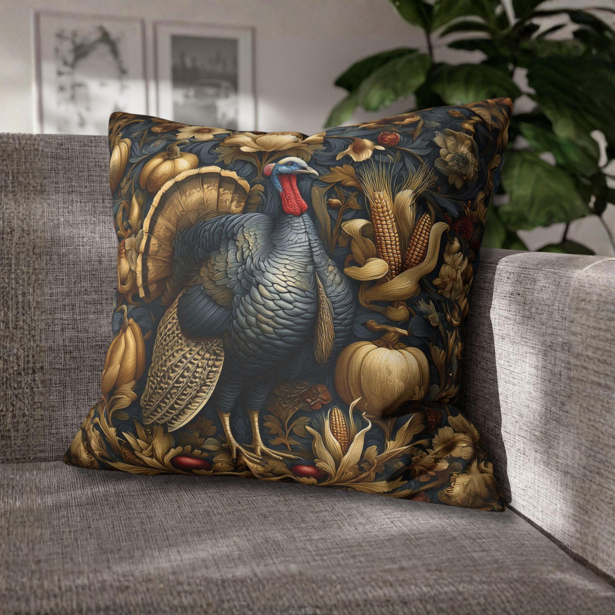 William Morris Autumn Pillow Cover: Botanical Thanksgiving Turkey Decor, Grey-Blue and Gold