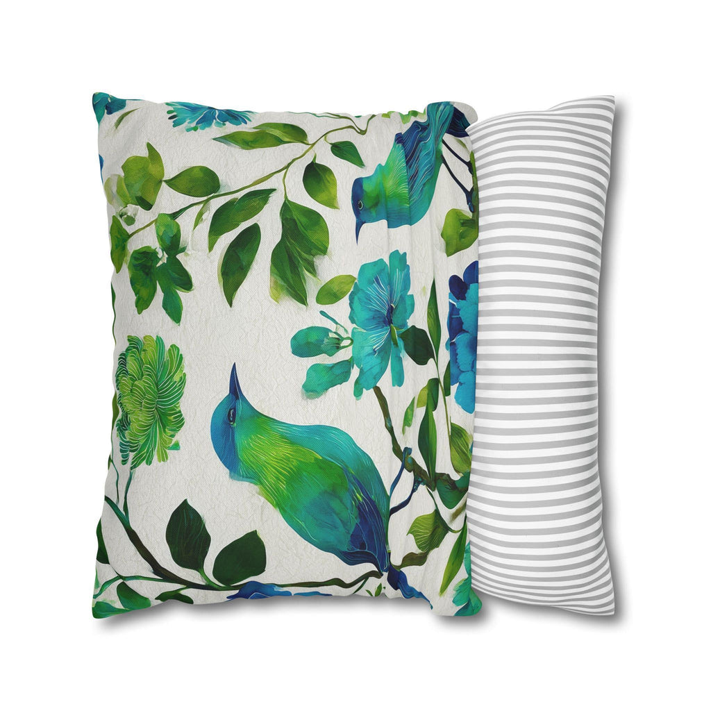 Chinoiserie Bird Pillow Cover: Teal Green Watercolor Floral Cushion