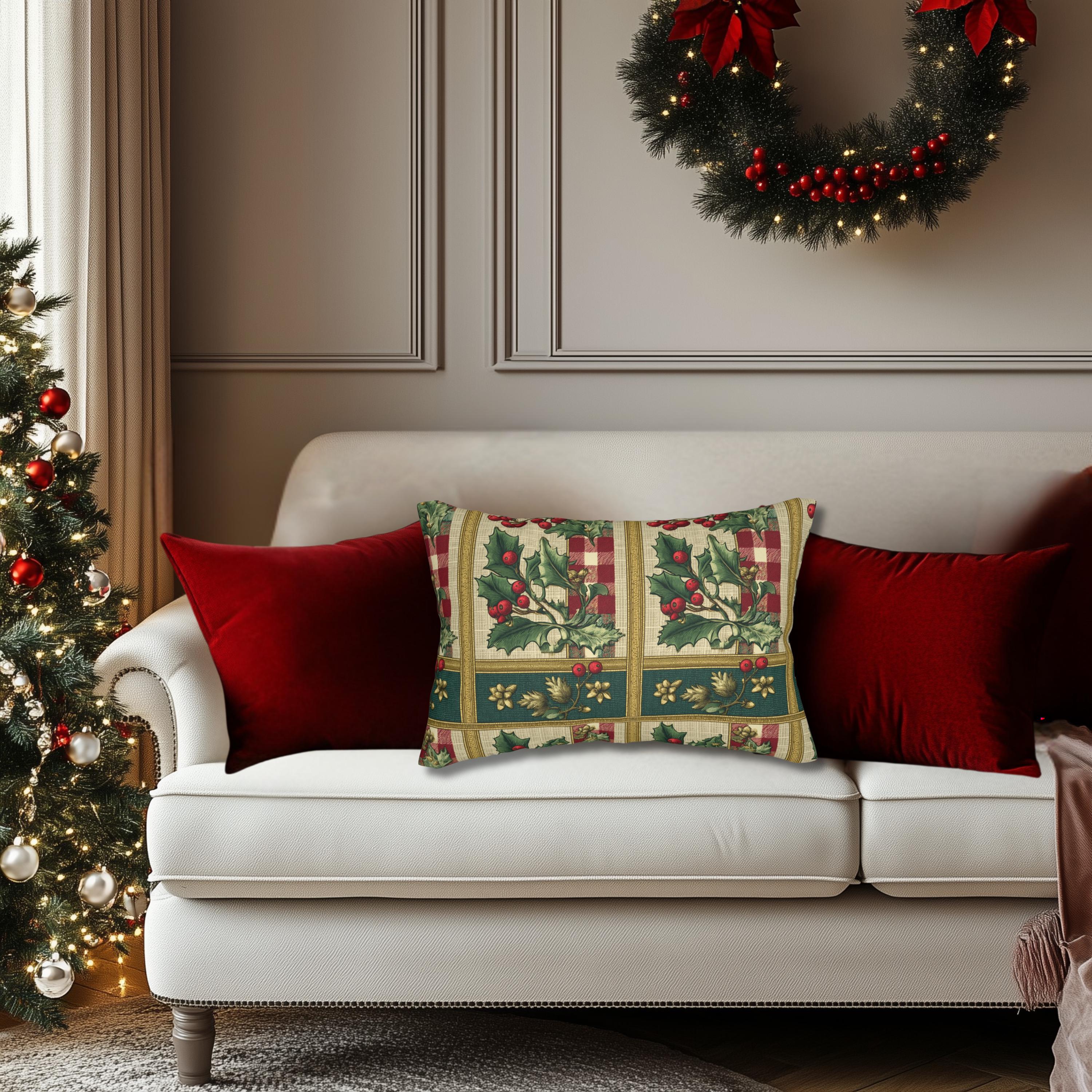Gingham & Holly Christmas Lumbar Pillow:  Classic Vintage Holiday Style with Stripes