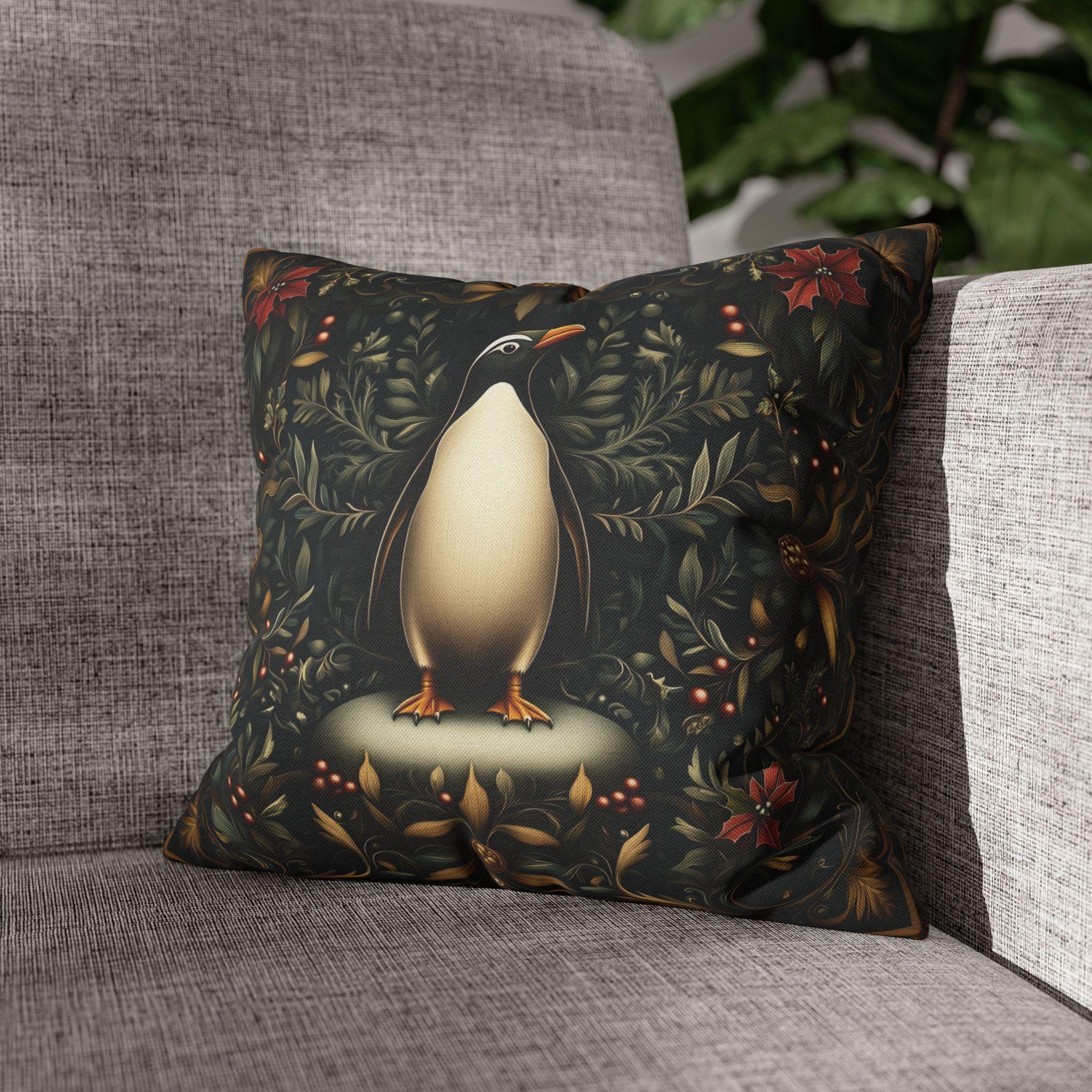 Christmas Penguin Pillow Cover: William Morris Inspired Holiday Cushion Case
