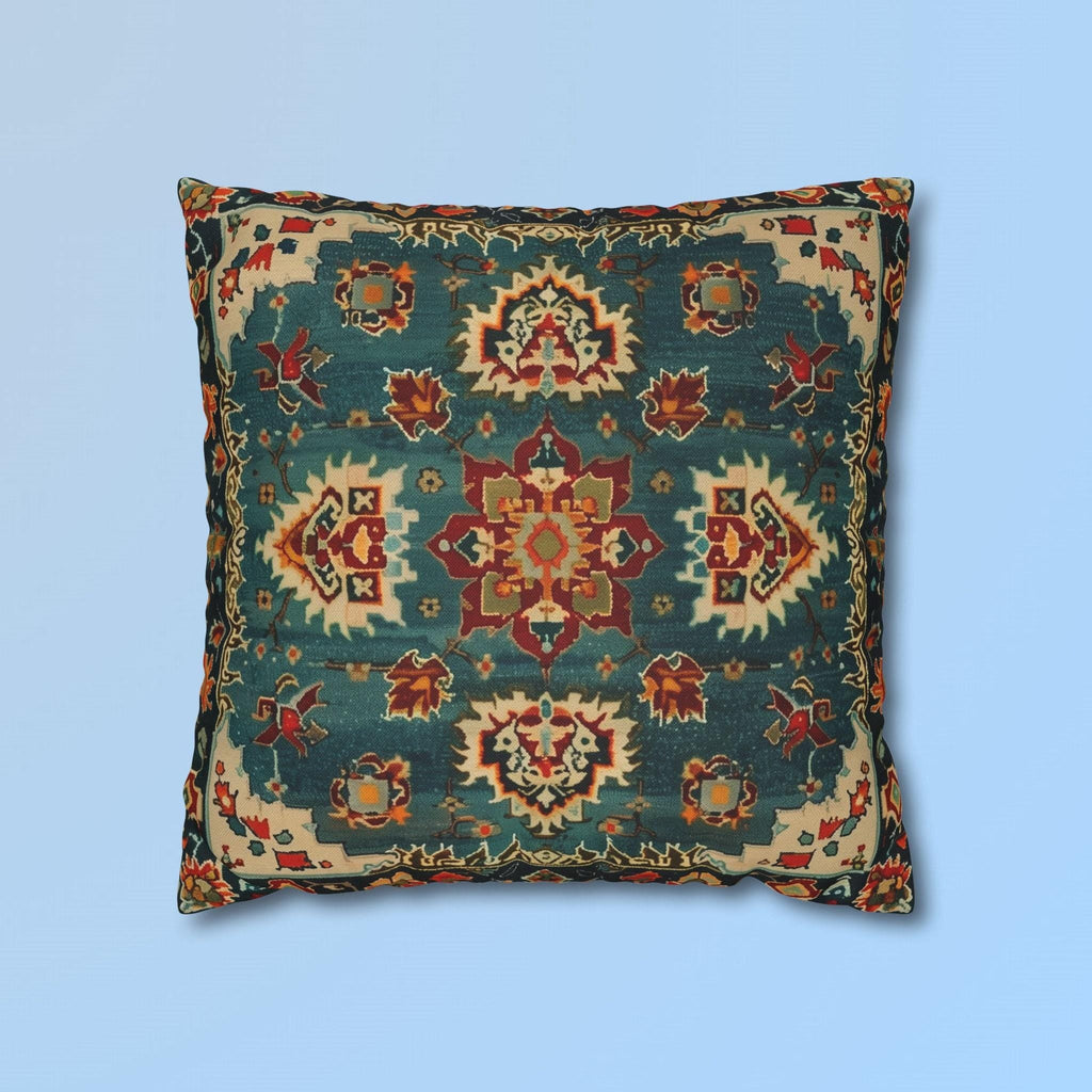 Turkish Rug-Inspired Throw Pillow Cover: Deep Teal & Warm Red Medallion Pattern Square Cushion