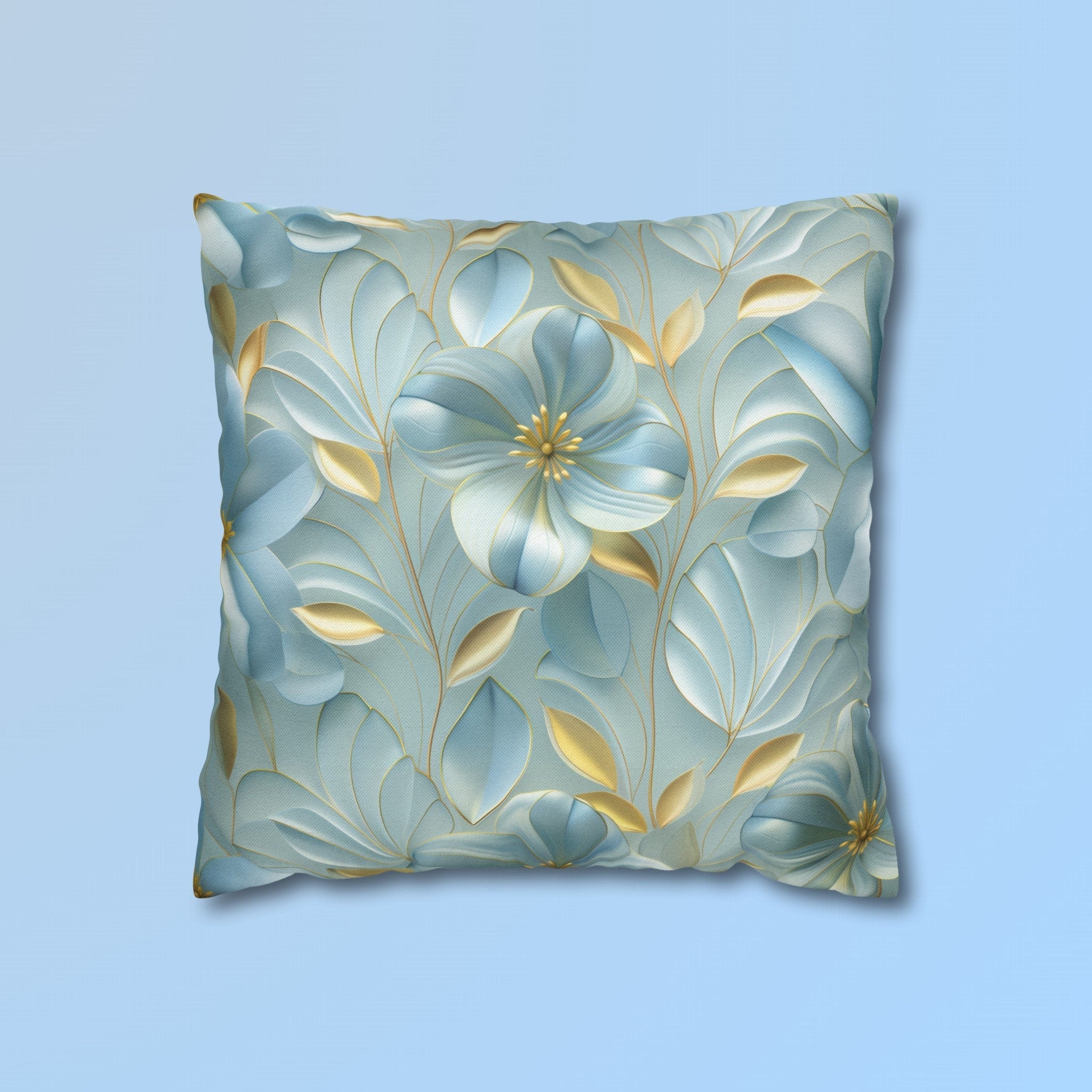 Blue Magnolia Throw Pillow Cover: Gold Leaf Floral Cushion