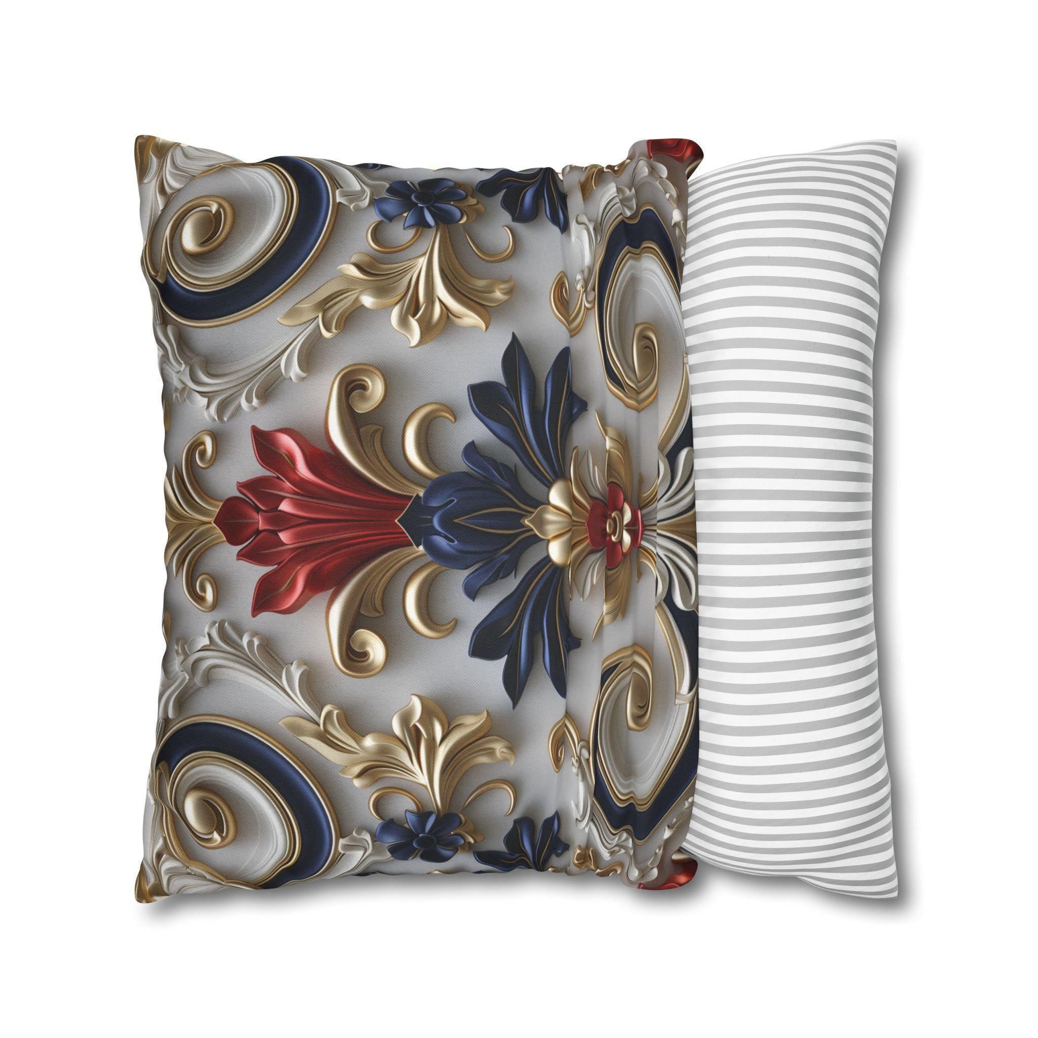 Baroque Floral Pillow Cover: Red, Blue, Gold Foliate Motifs