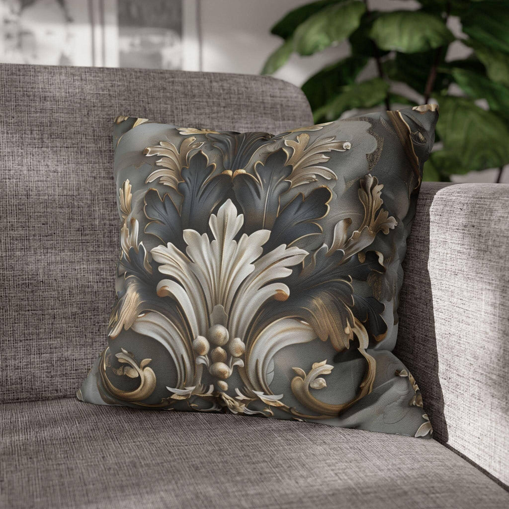 Baroque Pillow Cover: Ornate Gray, Gold, and Black Floral Design