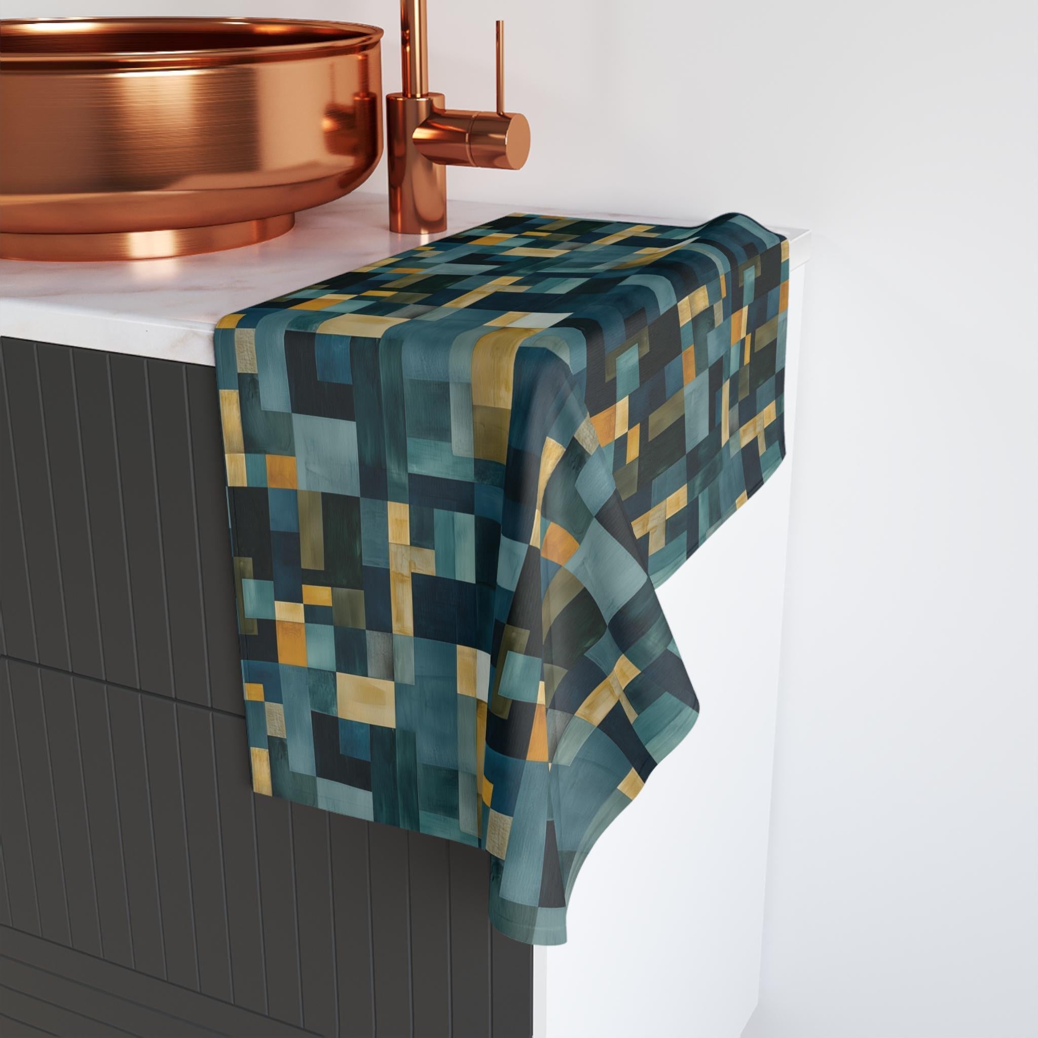 Geometric Abstract Hand Towel: Blue & Earthy Tones, Modern Rustic Decor, Hand-painted Effect