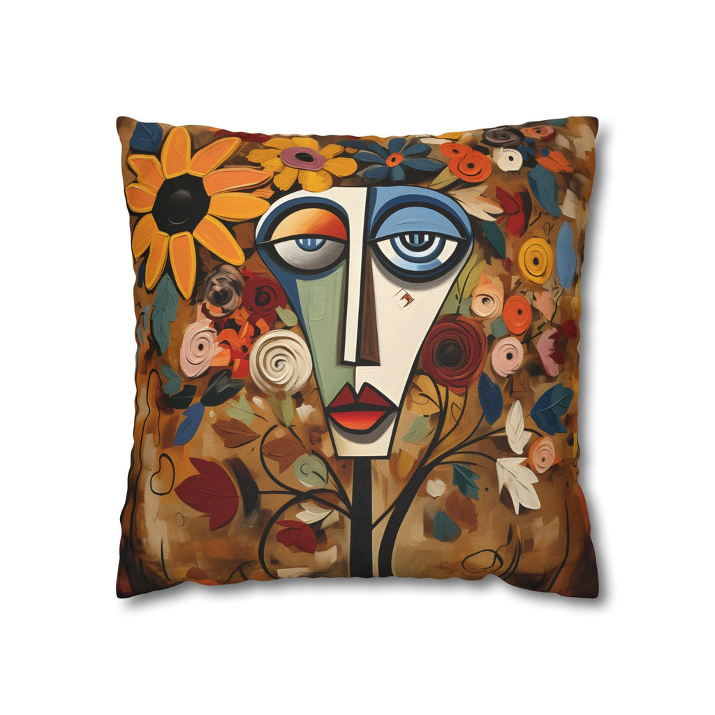 Cubist Wildflower Throw Pillow Cover: Picasso-Inspired Geometric Face Art in Autumn Hues