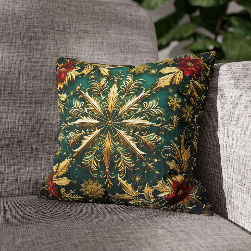 Christmas Snowflake Pillow Cover, Elegant Emerald Green and Gold Design, Luxury Cushion Cover