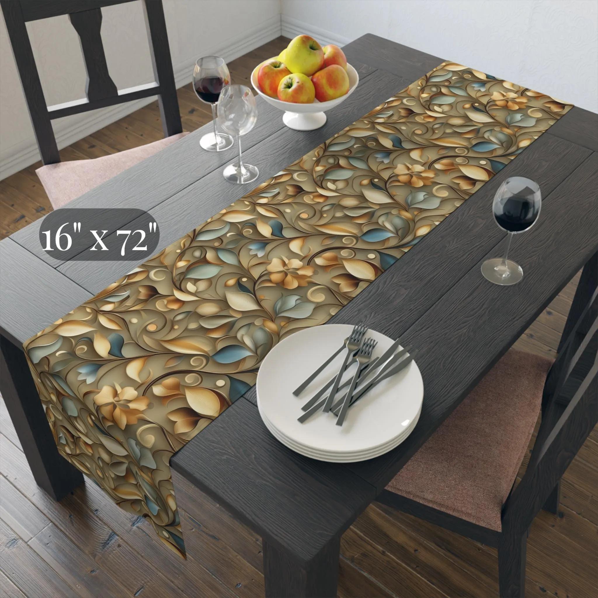 Elegant William Morris Inspired Autumn Leaves Table Runner: Gold, Blue, Sage Botanical Print