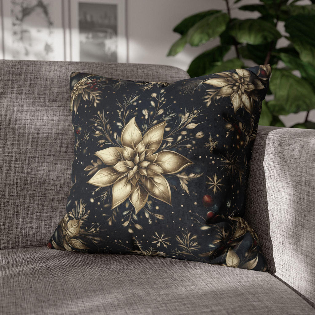 Elegant Holiday Pillow Cover | Golden Poinsettia Design | Navy Blue Background