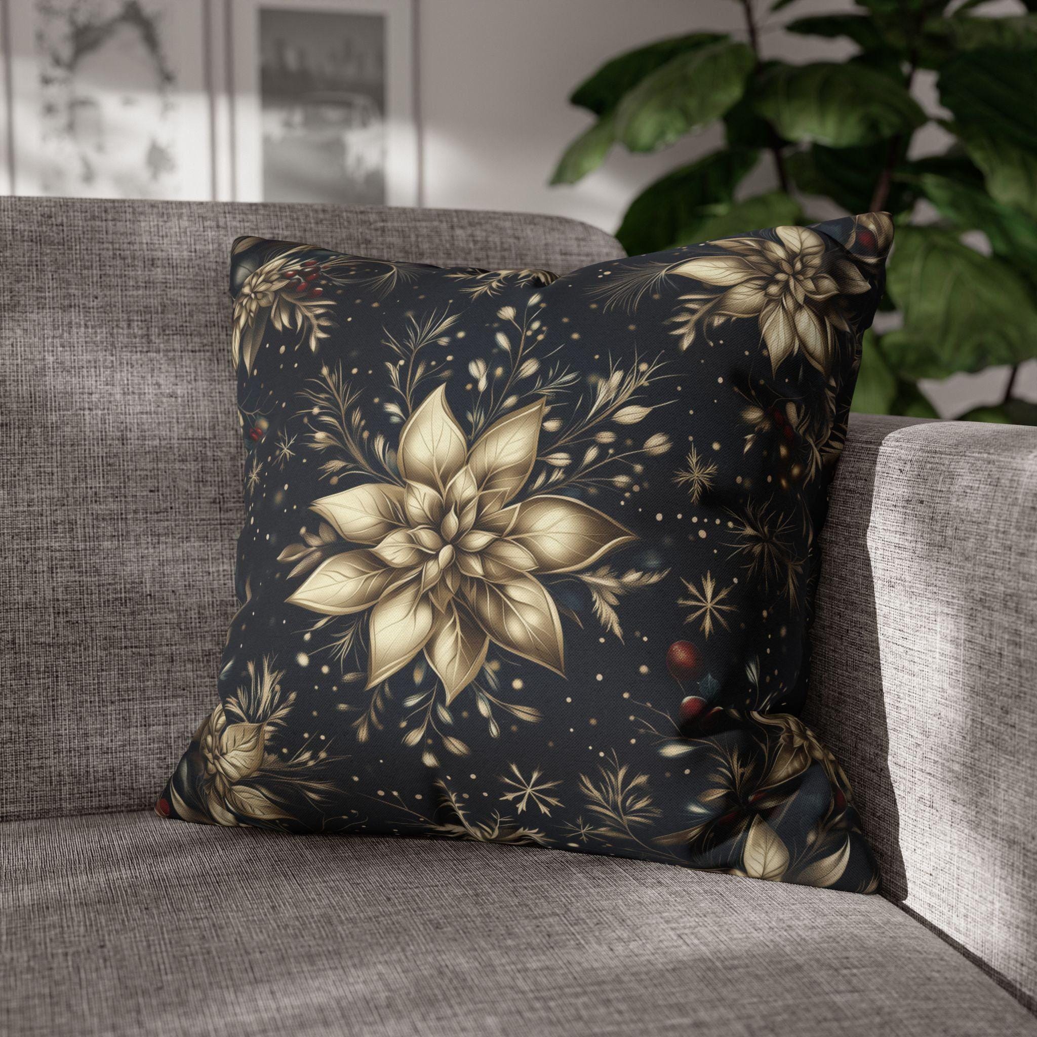 Elegant Holiday Pillow Cover | Golden Poinsettia Design | Navy Blue Background