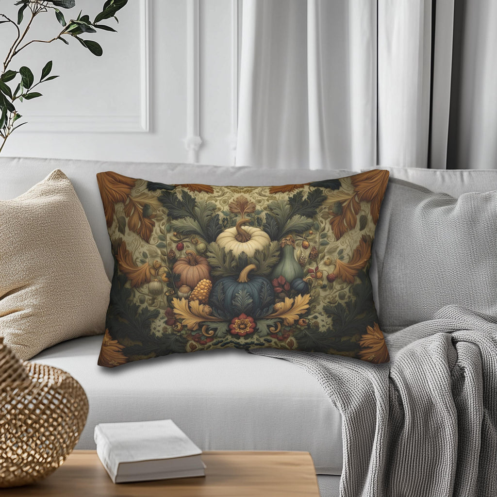 William Morris Inspired Autumn Harvest Tapestry Lumbar Pillow: Deep Teal with Ivory Blue & Gold