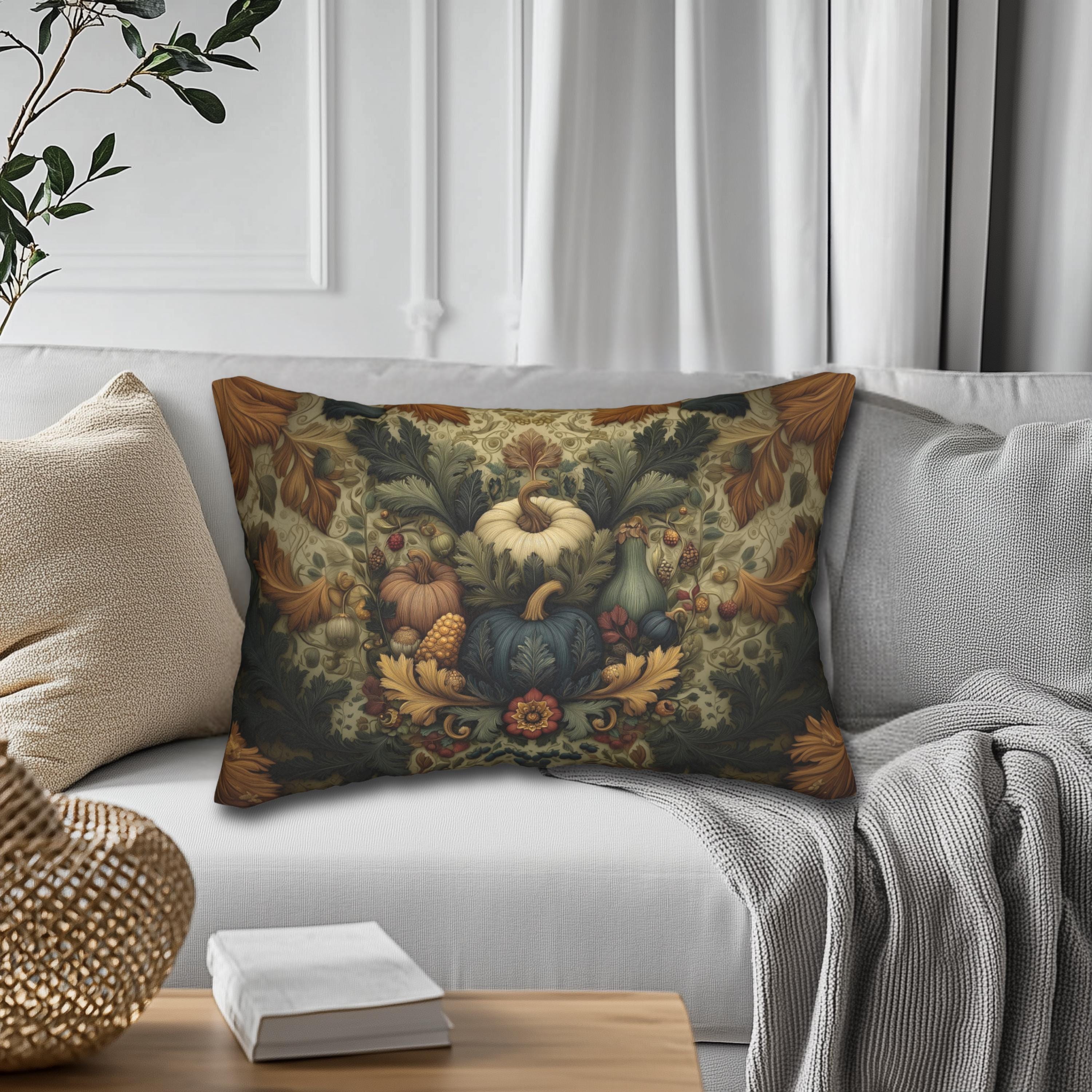 William Morris Inspired Autumn Harvest Tapestry Lumbar Pillow: Deep Teal with Ivory Blue & Gold
