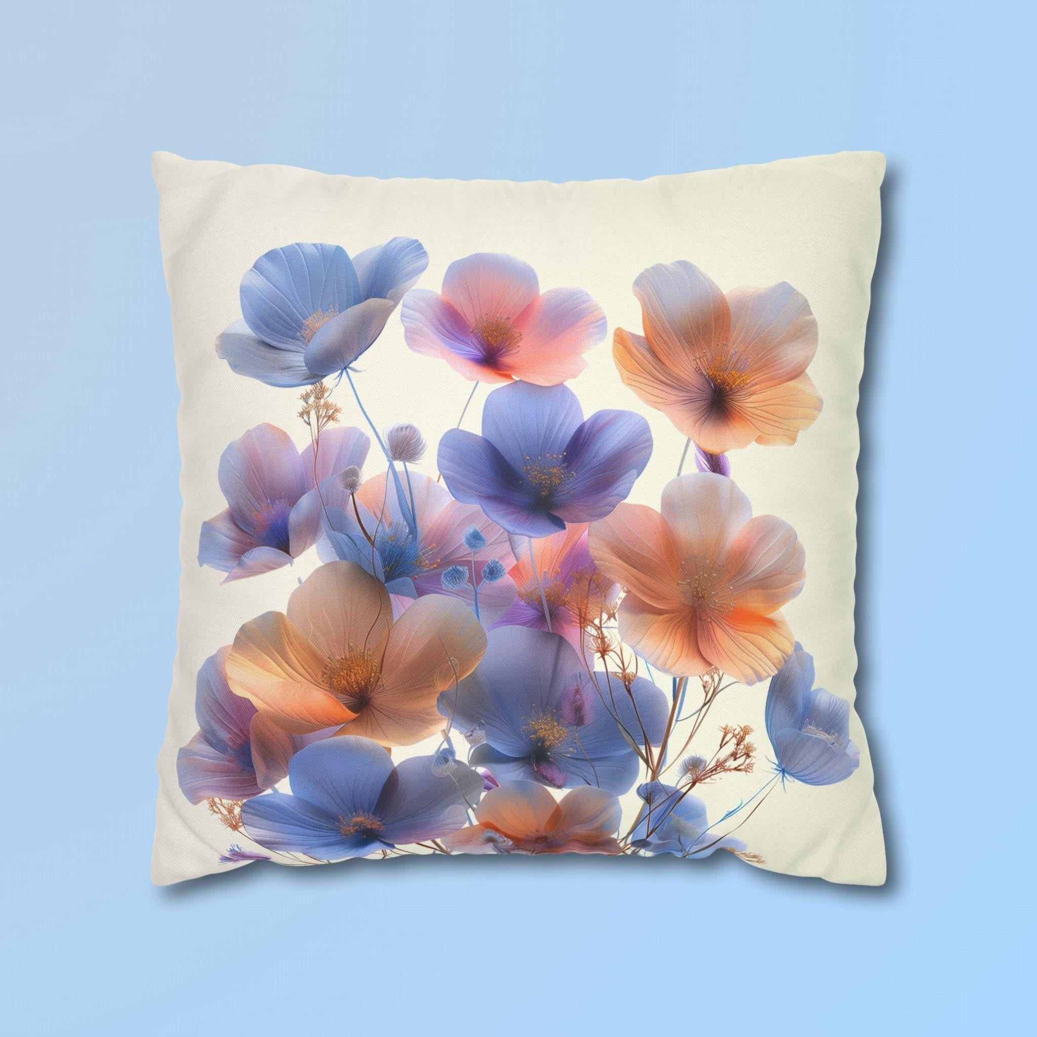 Watercolor Floral Throw Pillow Cover, Translucent Blossoms Decor