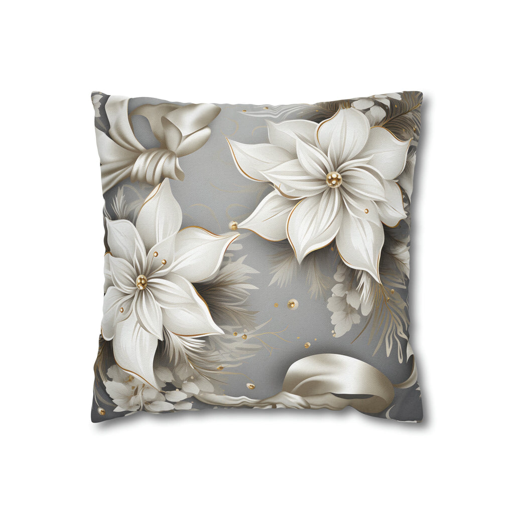Elegant White Poinsettia Silver Ribbon Pillow Cover: Luxurious Holiday Decor for Couch