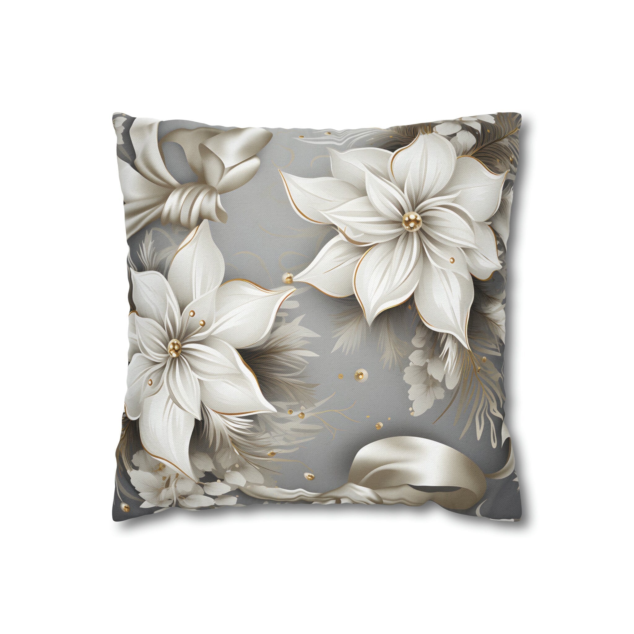 Elegant White Poinsettia Silver Ribbon Pillow Cover: Luxurious Holiday Decor for Couch