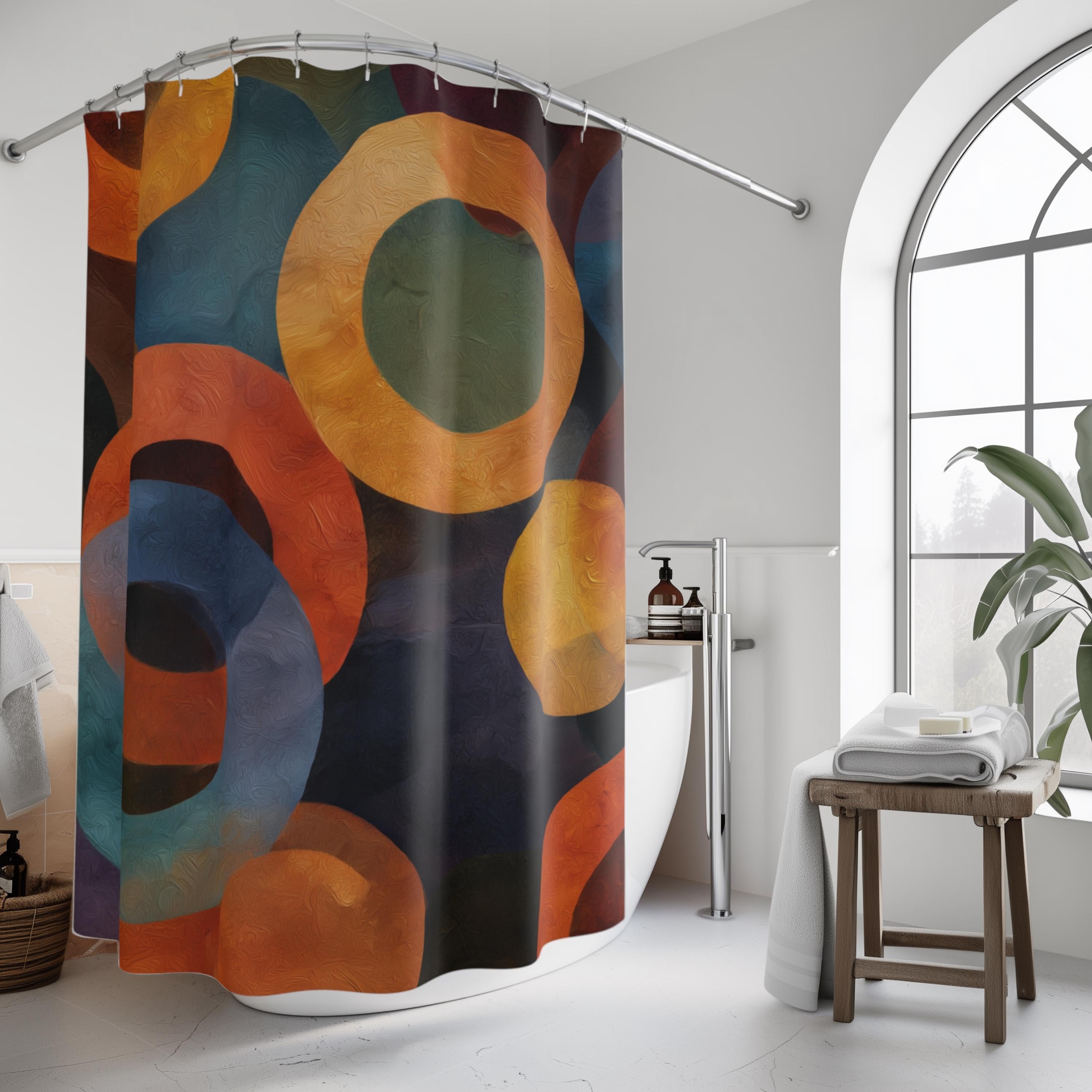 Retro Bold Circle Pattern Fabric Shower Curtain: Burnt Orange, Gold, Teal on Black Background