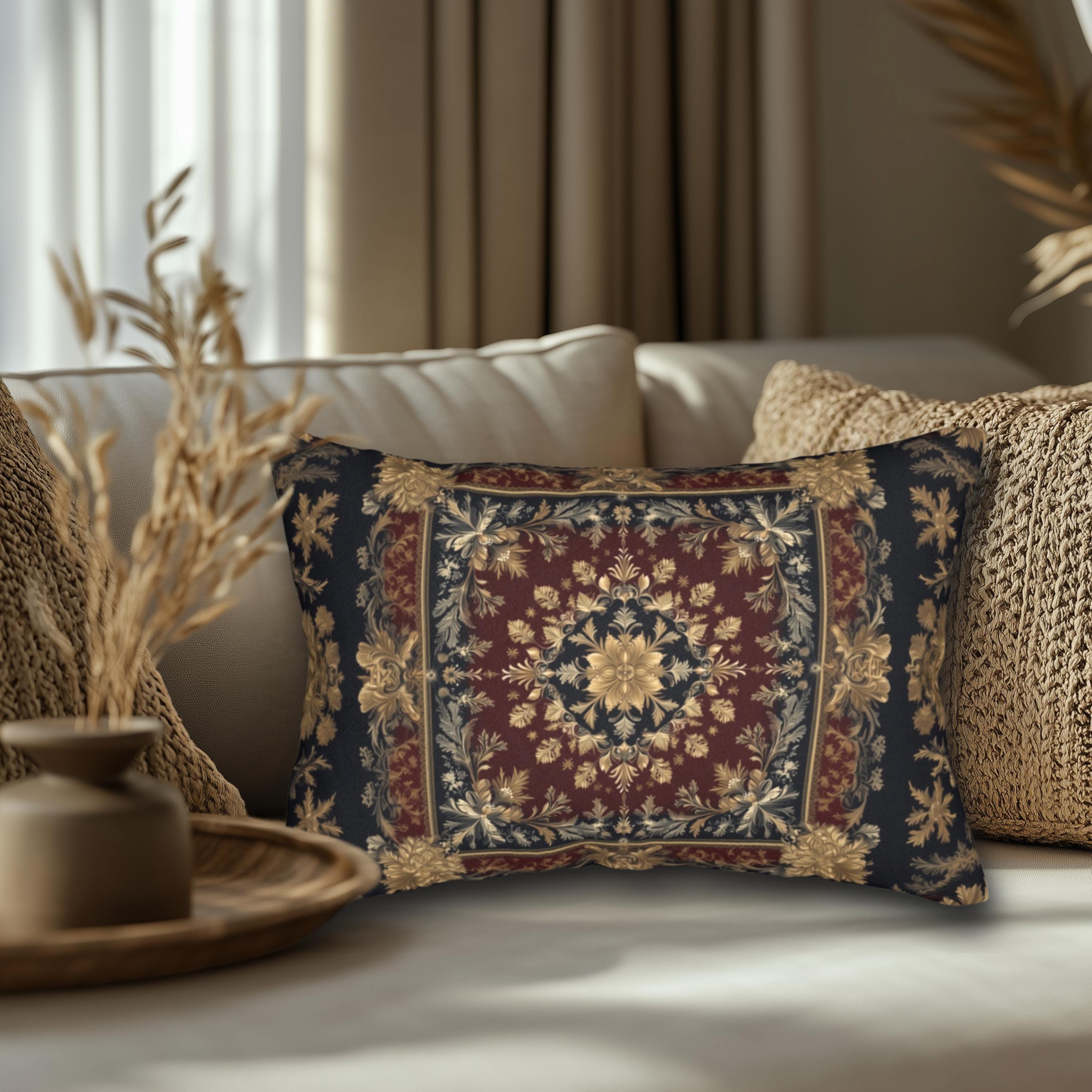 Elegant Vintage-Inspired Lumbar Pillow: Gold, Burgundy & Navy Luxury Cushion for Antique-Style Home Decor