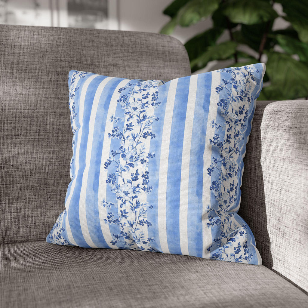 French Country Pillowcase: Blue & White Floral Striped Cushion Cover