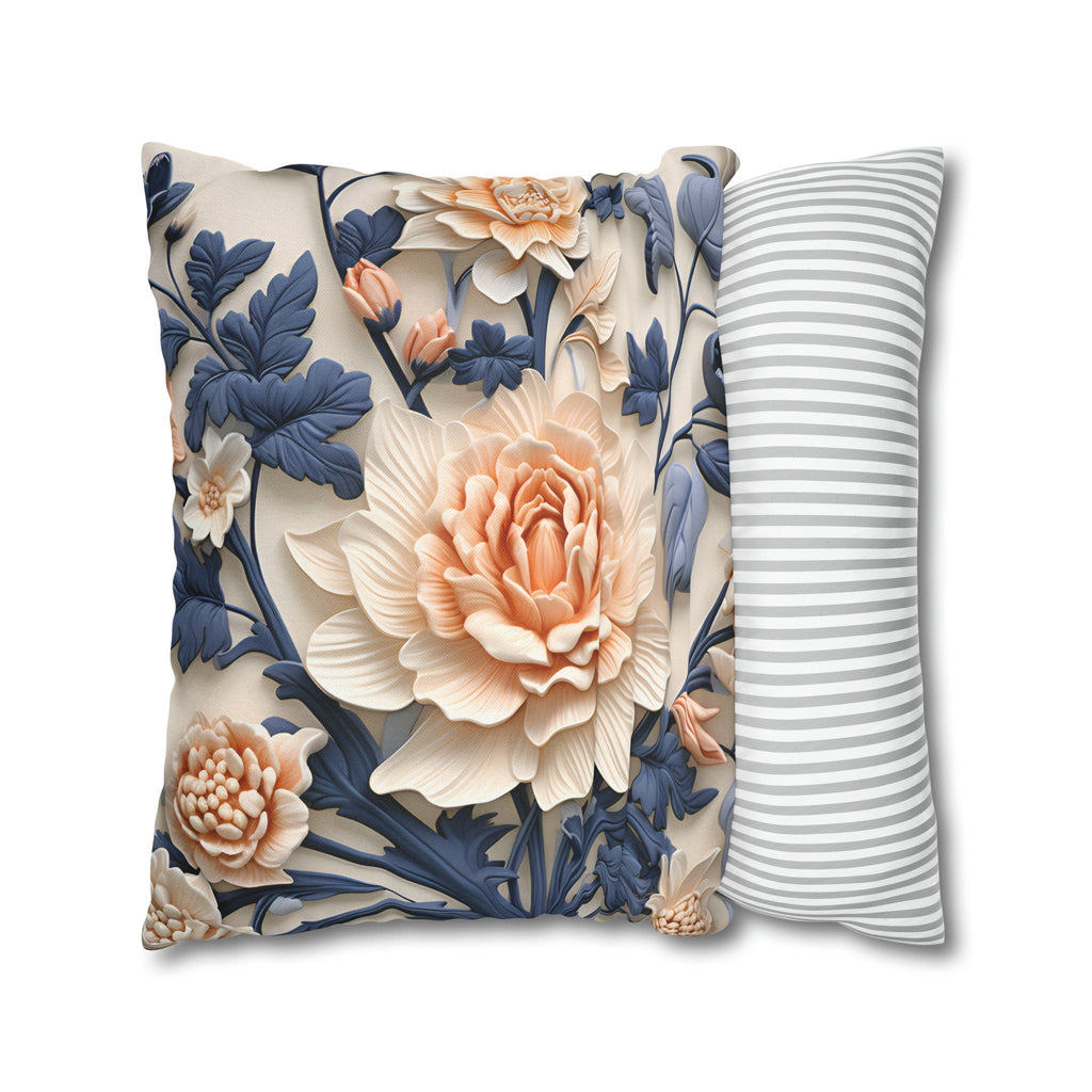 Chinoiserie Floral Pillow Cover: Peach Flower, Dark Blue Botanicals