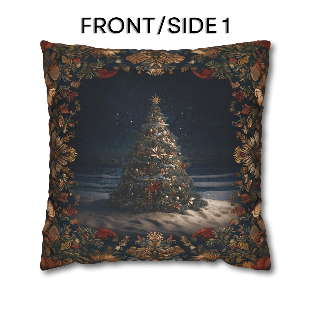 Coastal Christmas Pillow Cover: Tropical William Morris Tree, Red Gold Blue