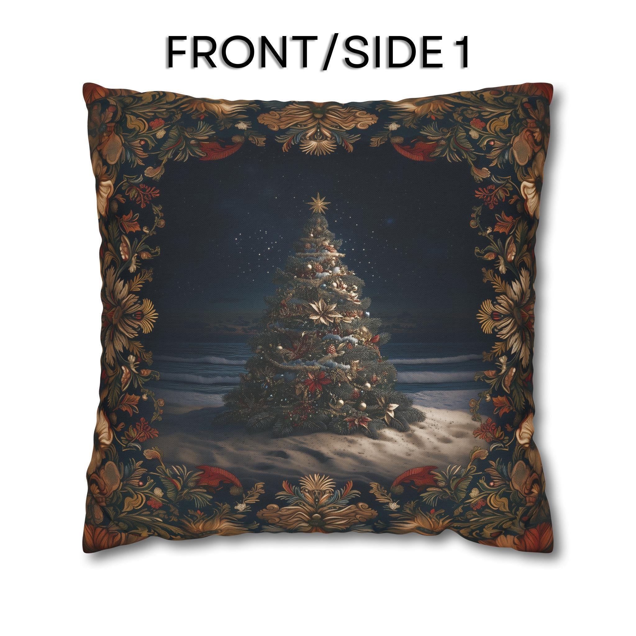 Coastal Christmas Pillow Cover: Tropical William Morris Tree, Red Gold Blue