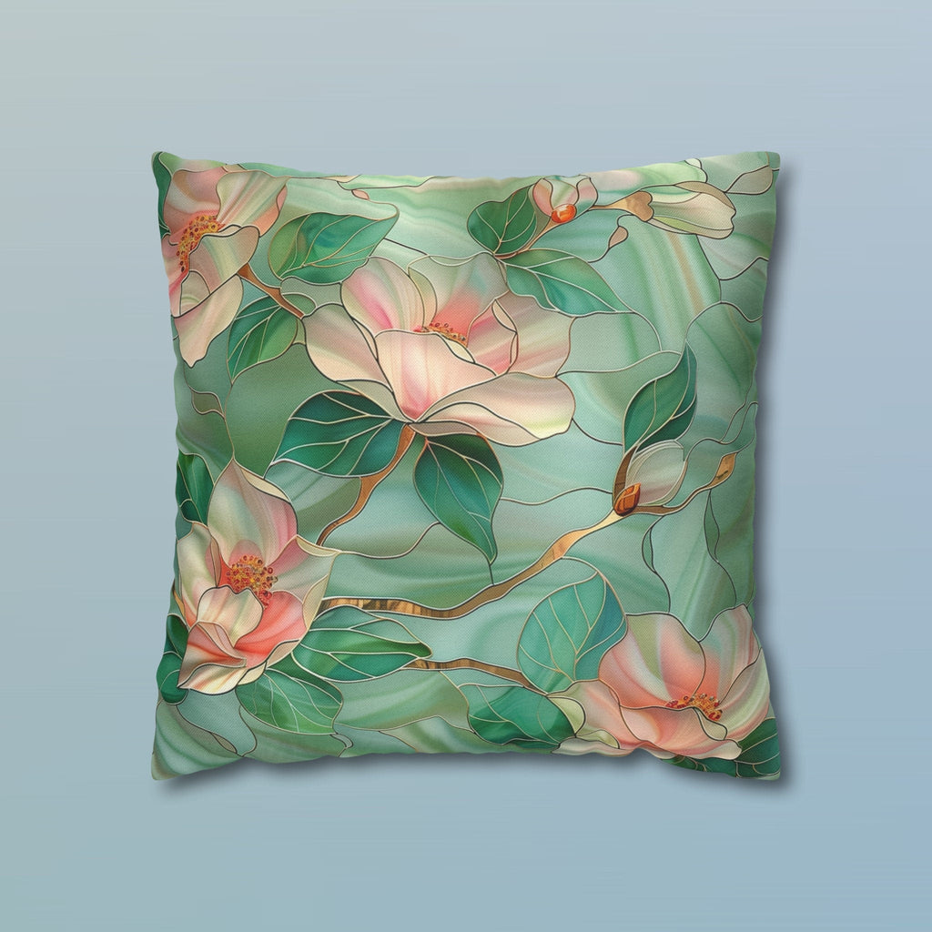 Luminous Green Chinoiserie Pillow Cover: Pink Magnolia Stained Glass Art for Home Decor
