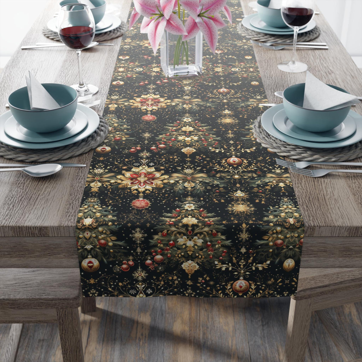 Christmas Tree Table Runner: Luxe Gold Red & Green on Deep Charcoal Holiday Table Decor