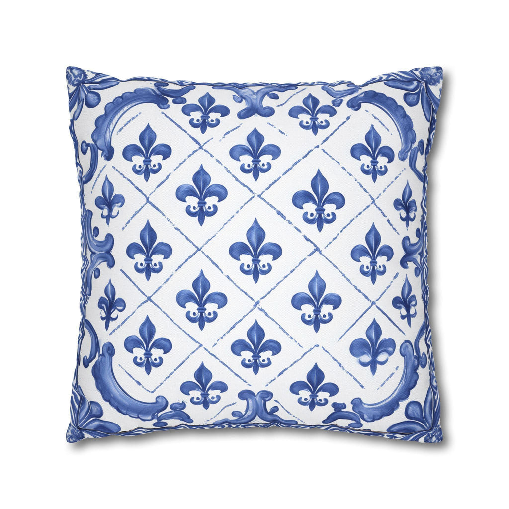 Fleur de Lis Pillow Cover: Blue & White French Tile Design