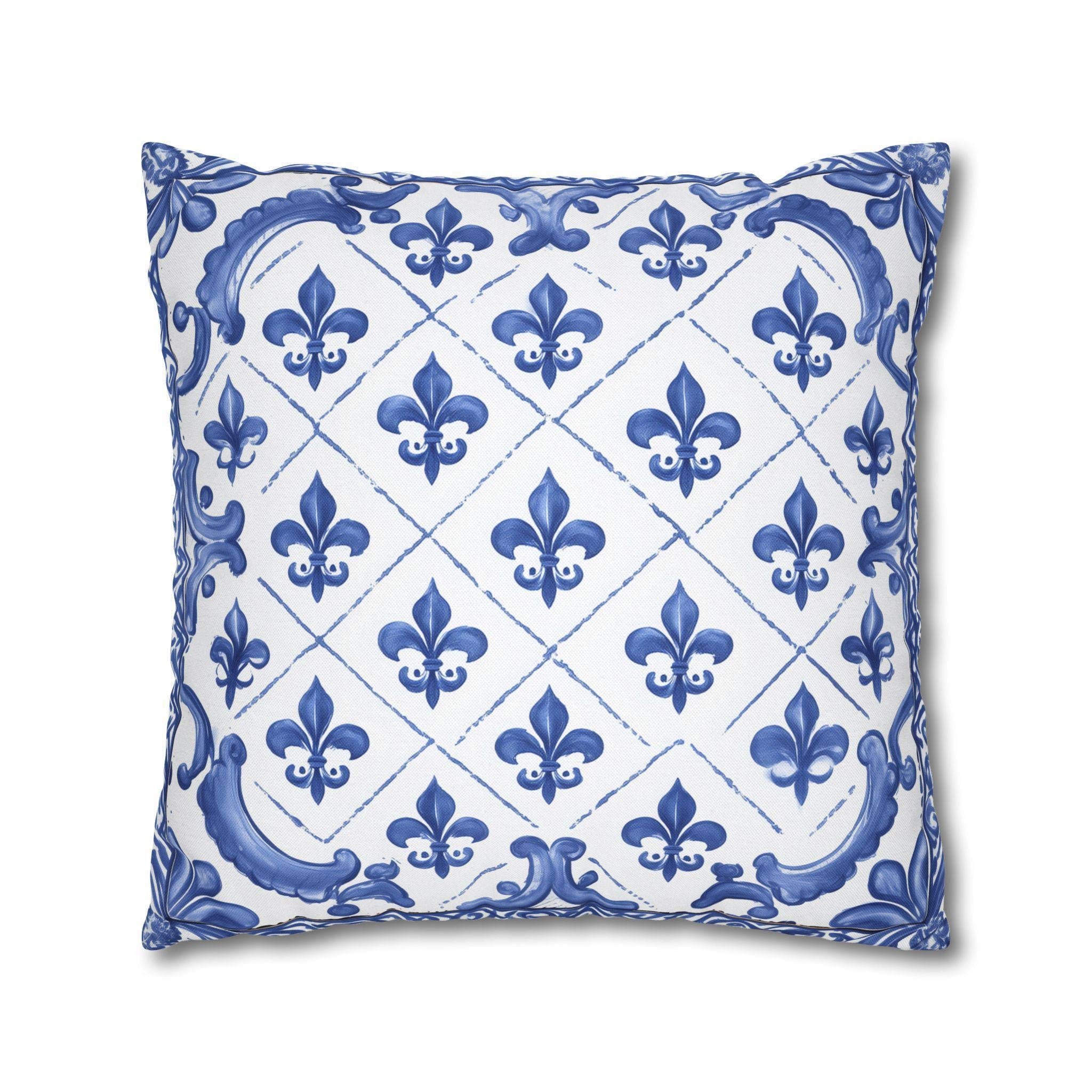 Fleur de Lis Pillow Cover: Blue & White French Tile Design