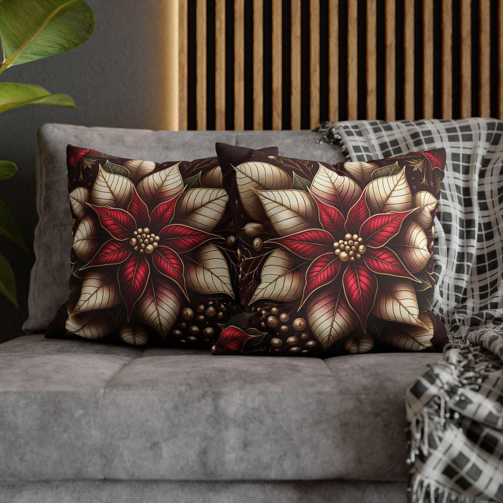 Luxurious Burgundy Poinsettia & Mistletoe Christmas Pillow Cover: Elegant Holiday Decor for Sofa