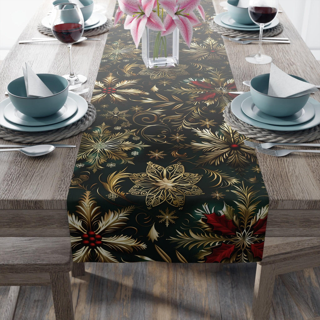 Emerald Green Holiday Table Runner: Gold Snowflakes, Red Poinsettias