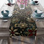 Emerald Green Holiday Table Runner: Gold Snowflakes, Red Poinsettias
