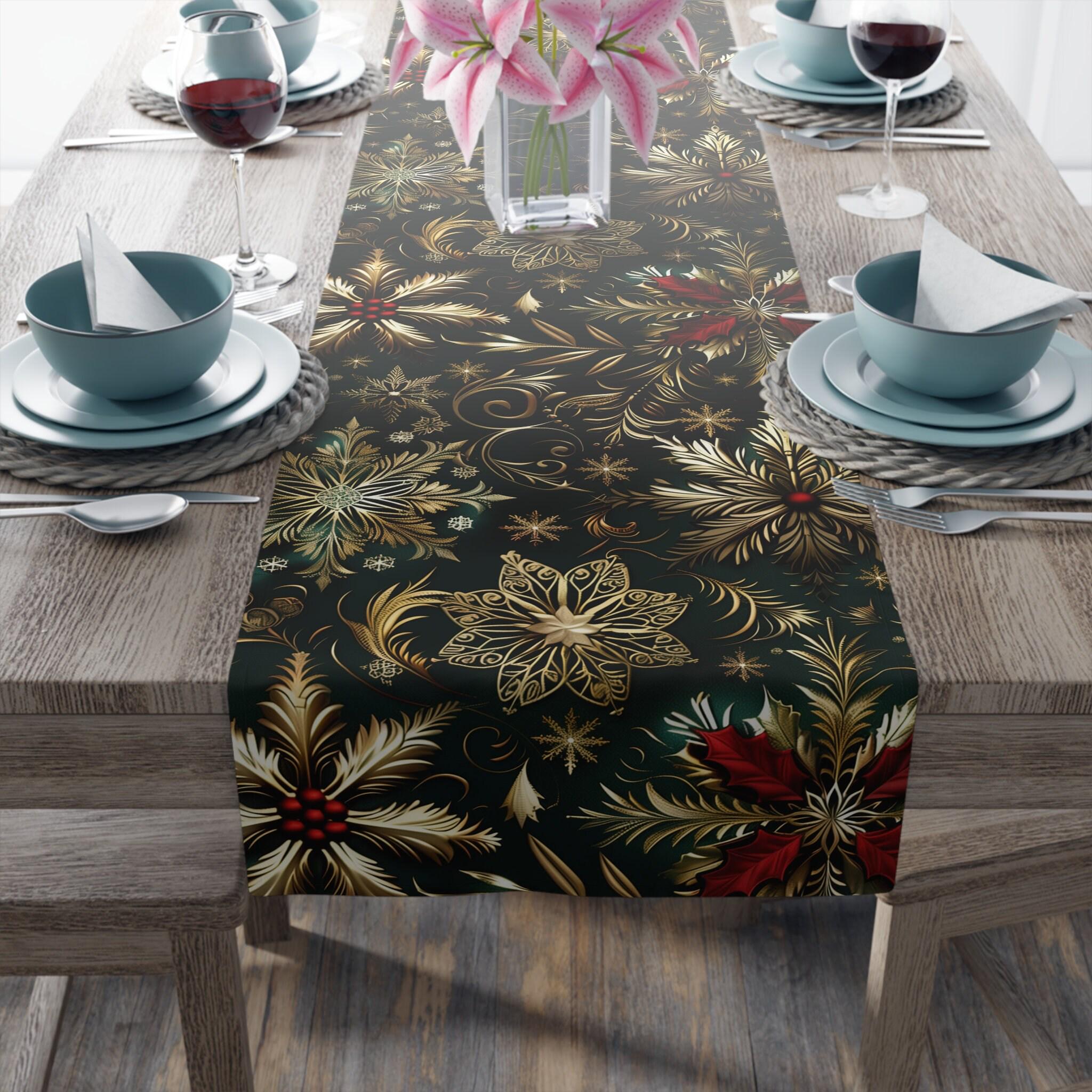 Emerald Green Holiday Table Runner: Gold Snowflakes, Red Poinsettias
