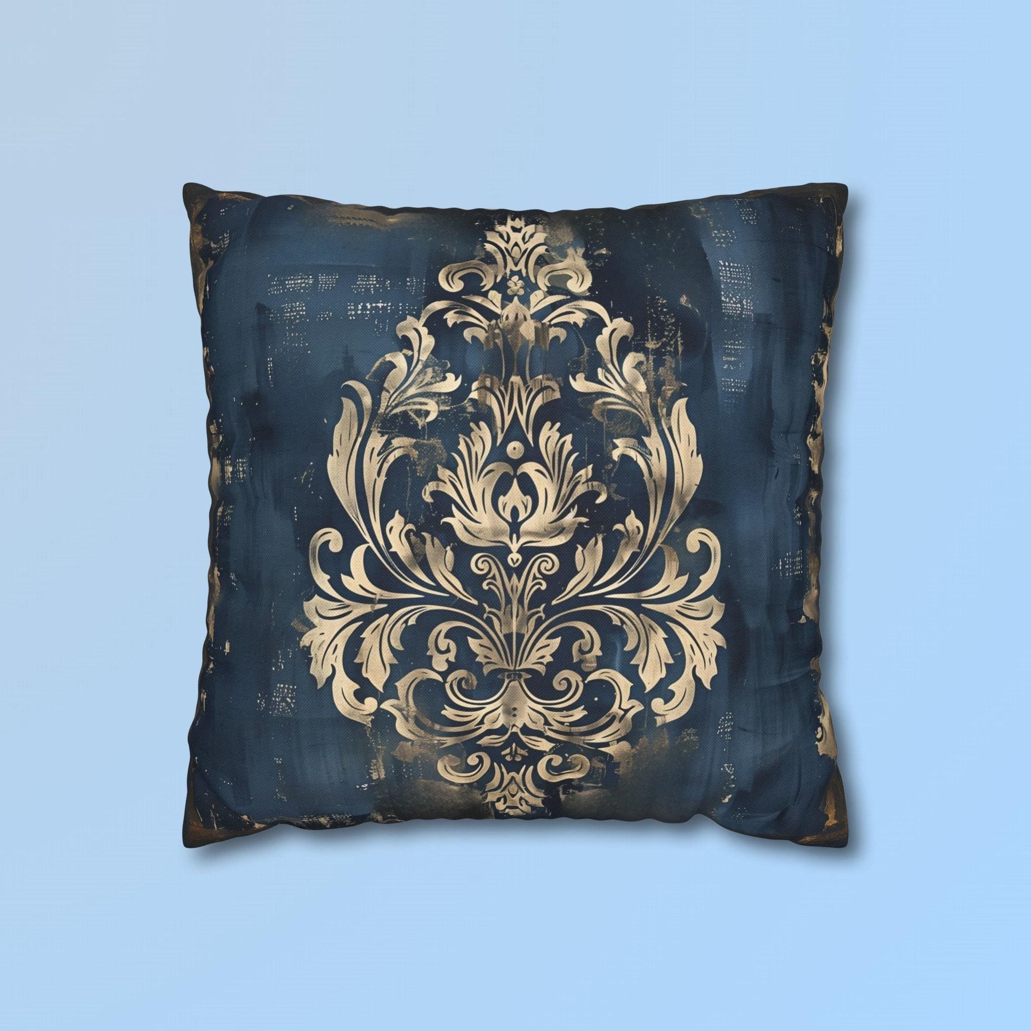 Navy Blue Damask Throw Pillow Cover: Vintage Style Gold Accent
