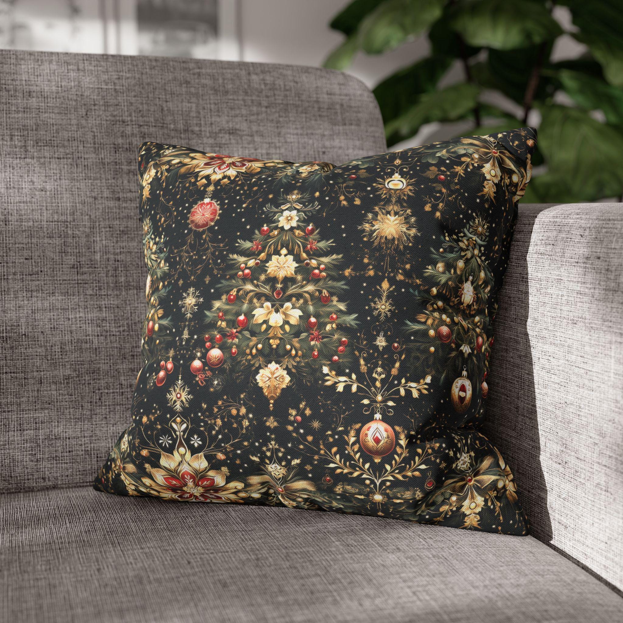 Christmas Tree Pillow Cover: Luxe Gold Red & Green on Deep Charcoal Holiday Decor