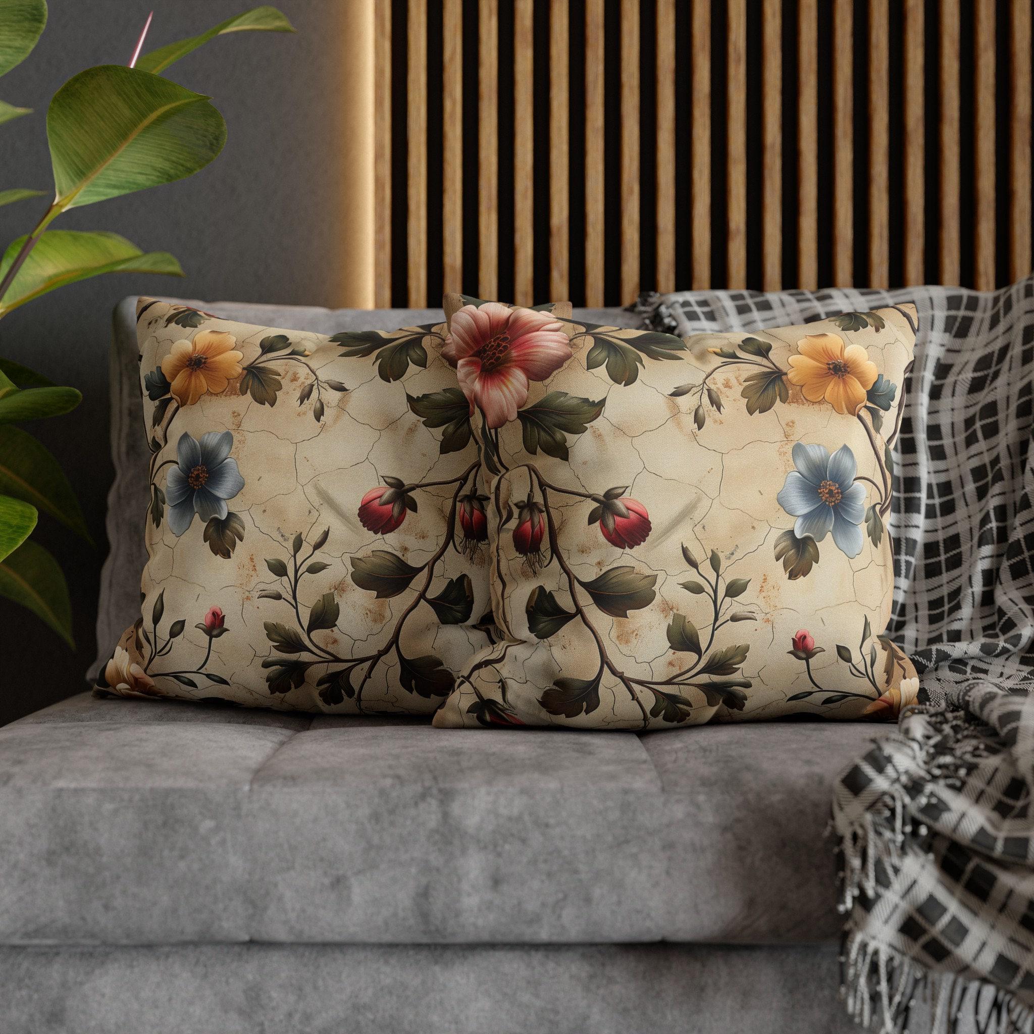 Rustic Italian Floral Pillow Cover: Vintage Watercolor-Inspired Cushion with Soft Blue, Orange & Red Blooms