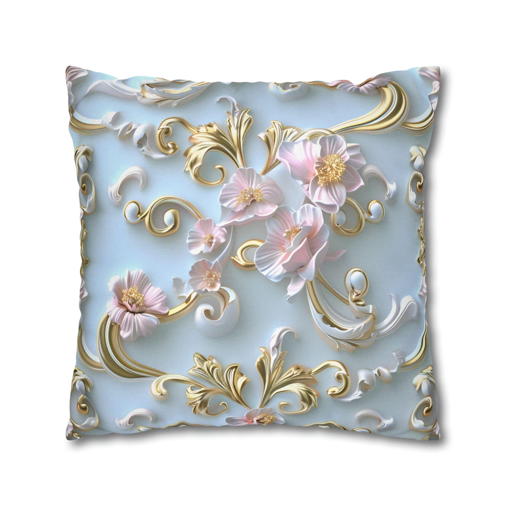 Rococo Coquette Pillow Cover: Pink Flowers, Gold Accents