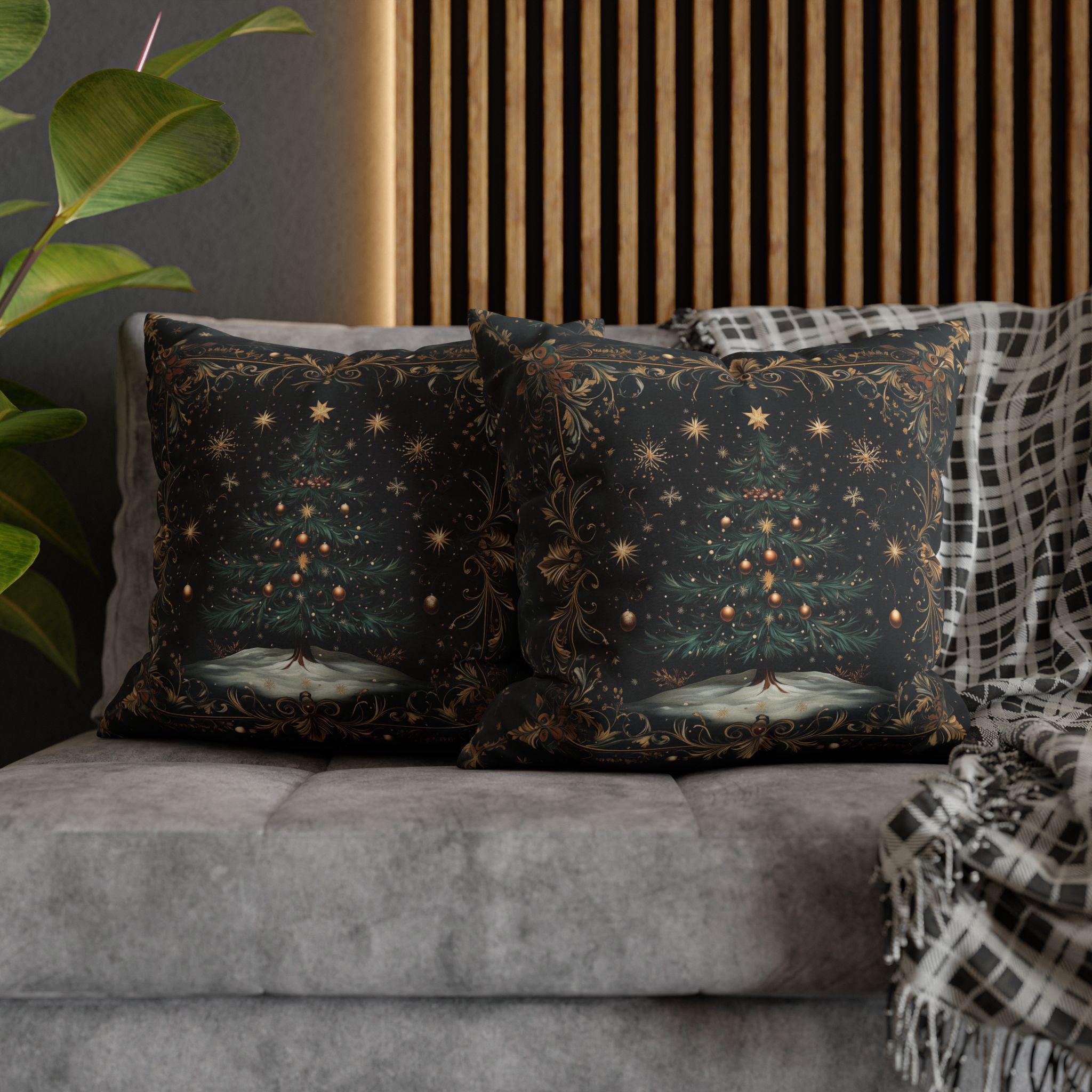 William Morris Christmas Tree Pillow Cover Starry Night Holiday Decor Elegant Gold Botanical Style