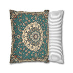 Teal and Ivory Persian-Inspired Pillow Cover: Vintage Carpet Look with Ornate Medallion Design