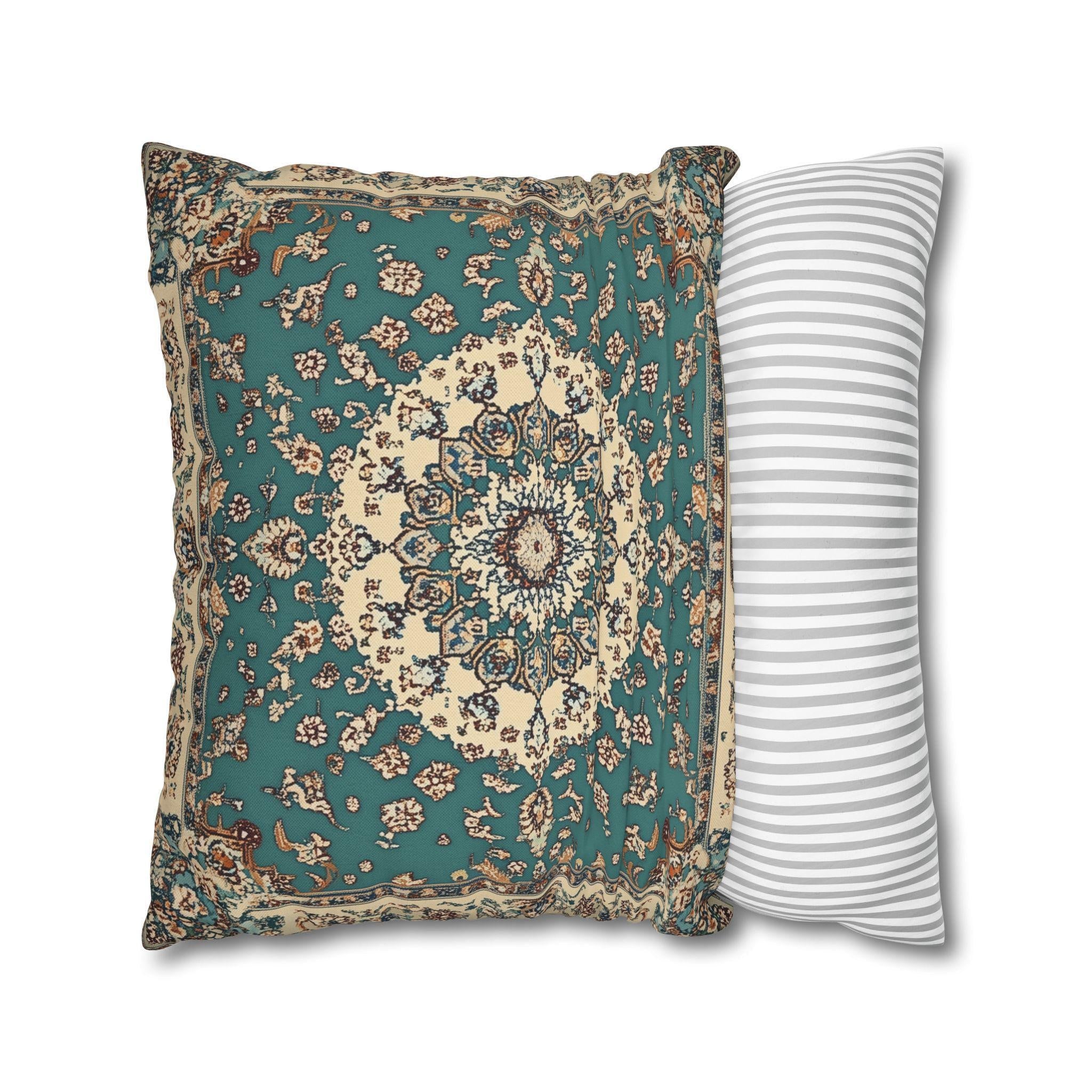 Teal and Ivory Persian-Inspired Pillow Cover: Vintage Carpet Look with Ornate Medallion Design