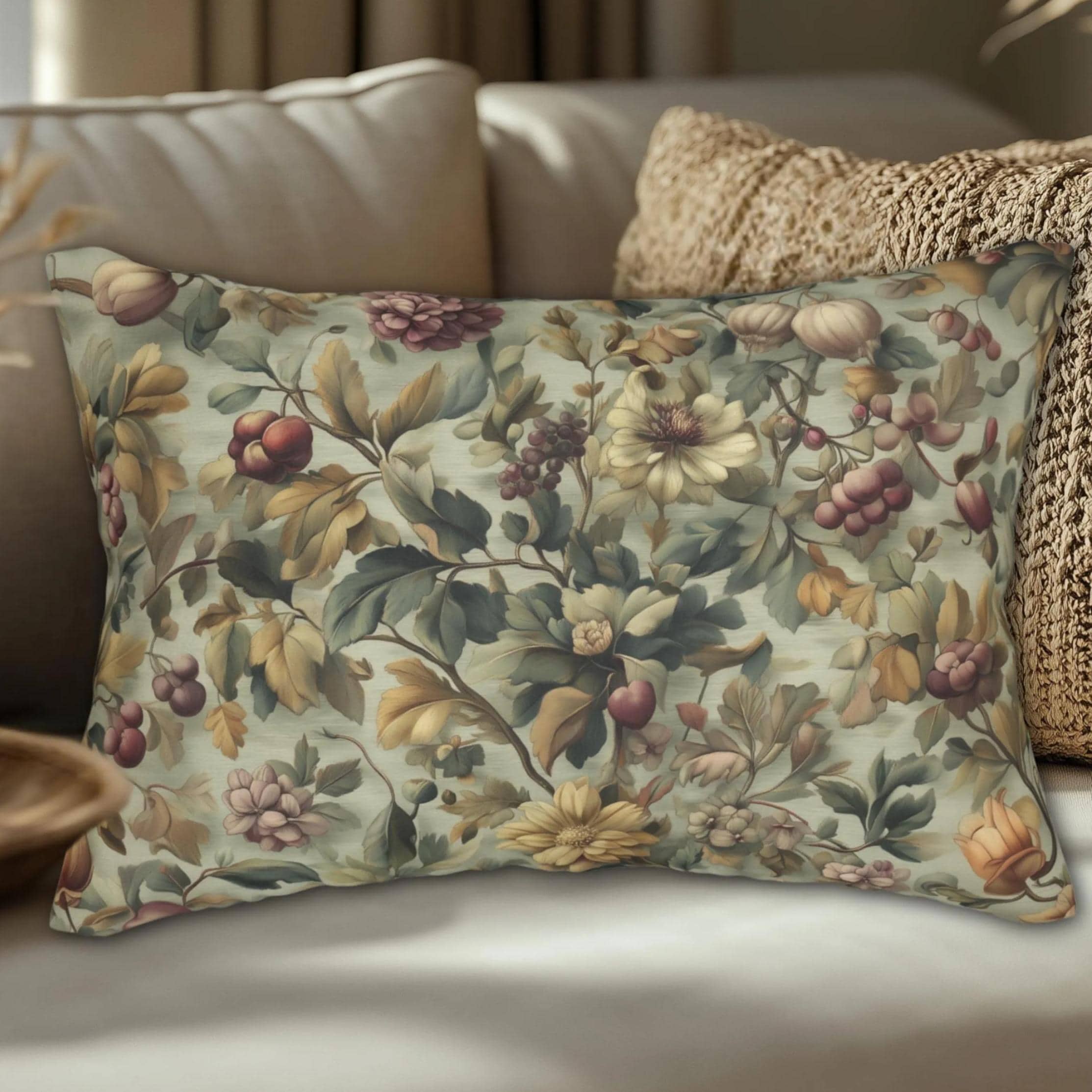 Vintage-Inspired Fall Botanical Lumbar Pillow: Sage, Wine, Wheat Hues for Cozy Home Decor